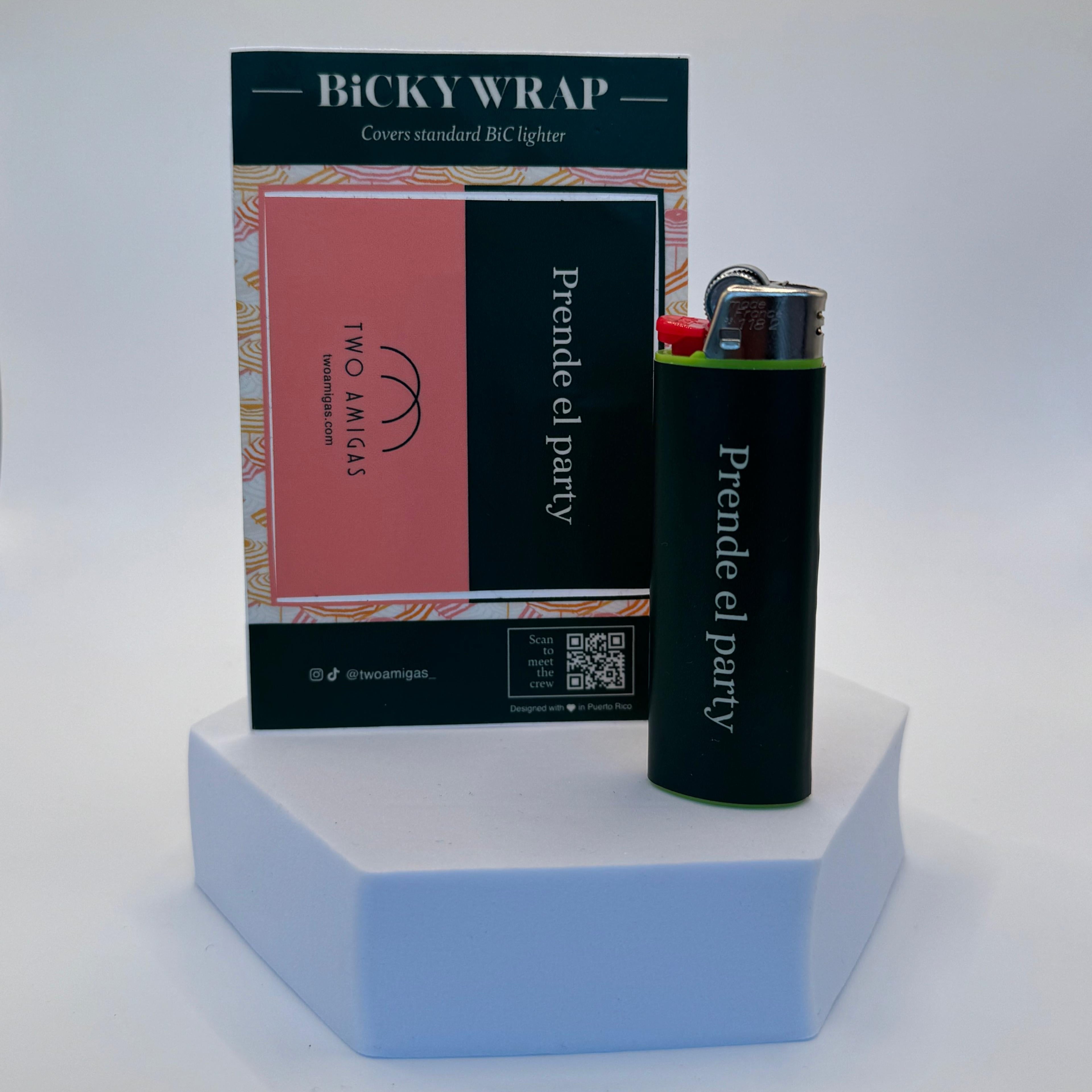 Bicky Wrap packaging with a lighter on a white background