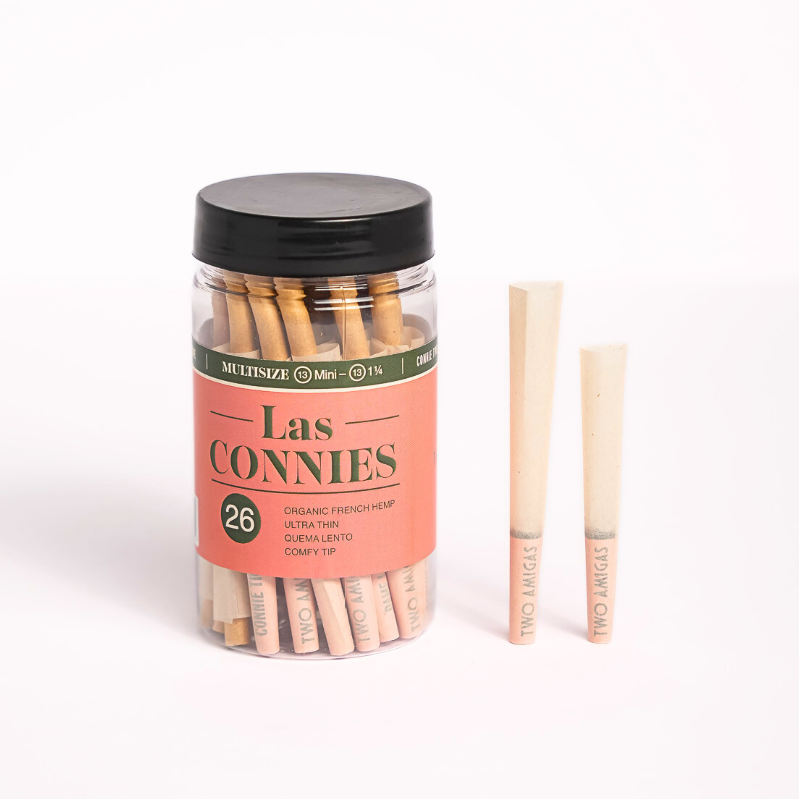 Two Amigas Las Connies 26-pack premium pre-rolled cones - bulk organic hemp papers for consistent sessions.